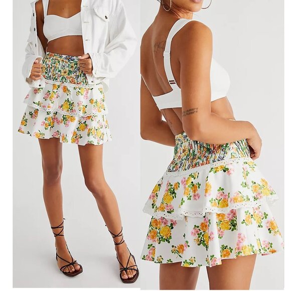 RARE NWT FOR LOVE AND LEMONS ROSALYN TIERRED MINI SKIRT IN MARIGOLD PRINT SIZE L - Picture 1 of 8